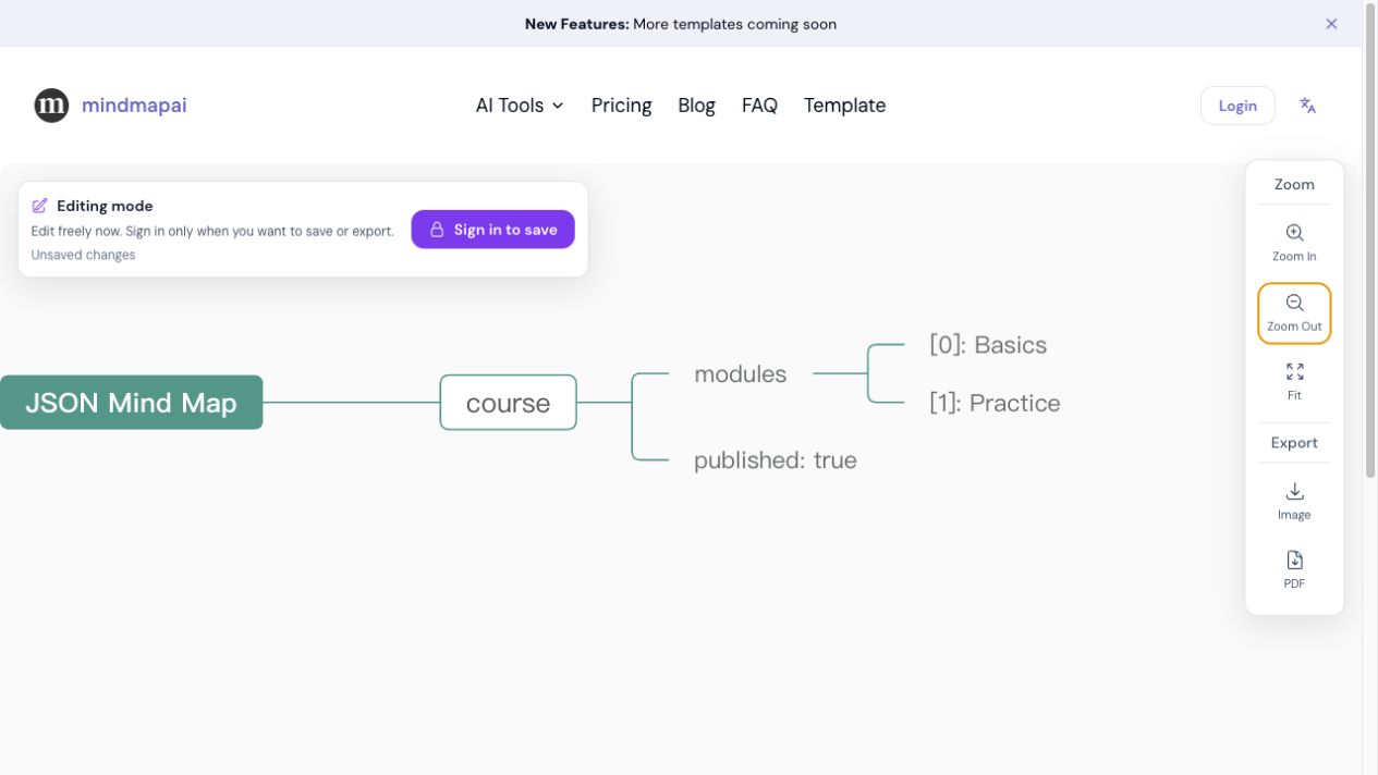 Actual MindMapAI editor showing a converted JSON hierarchy