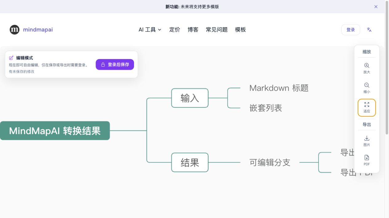 MindMapAI真实编辑器中显示Markdown层级转换后的可编辑思维导图